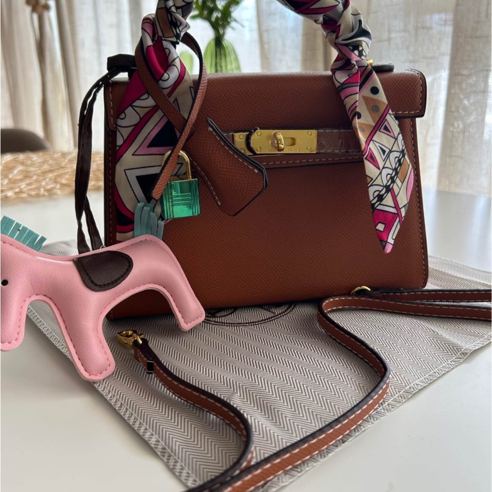 Brown Leather Handbag with Scarf Accent